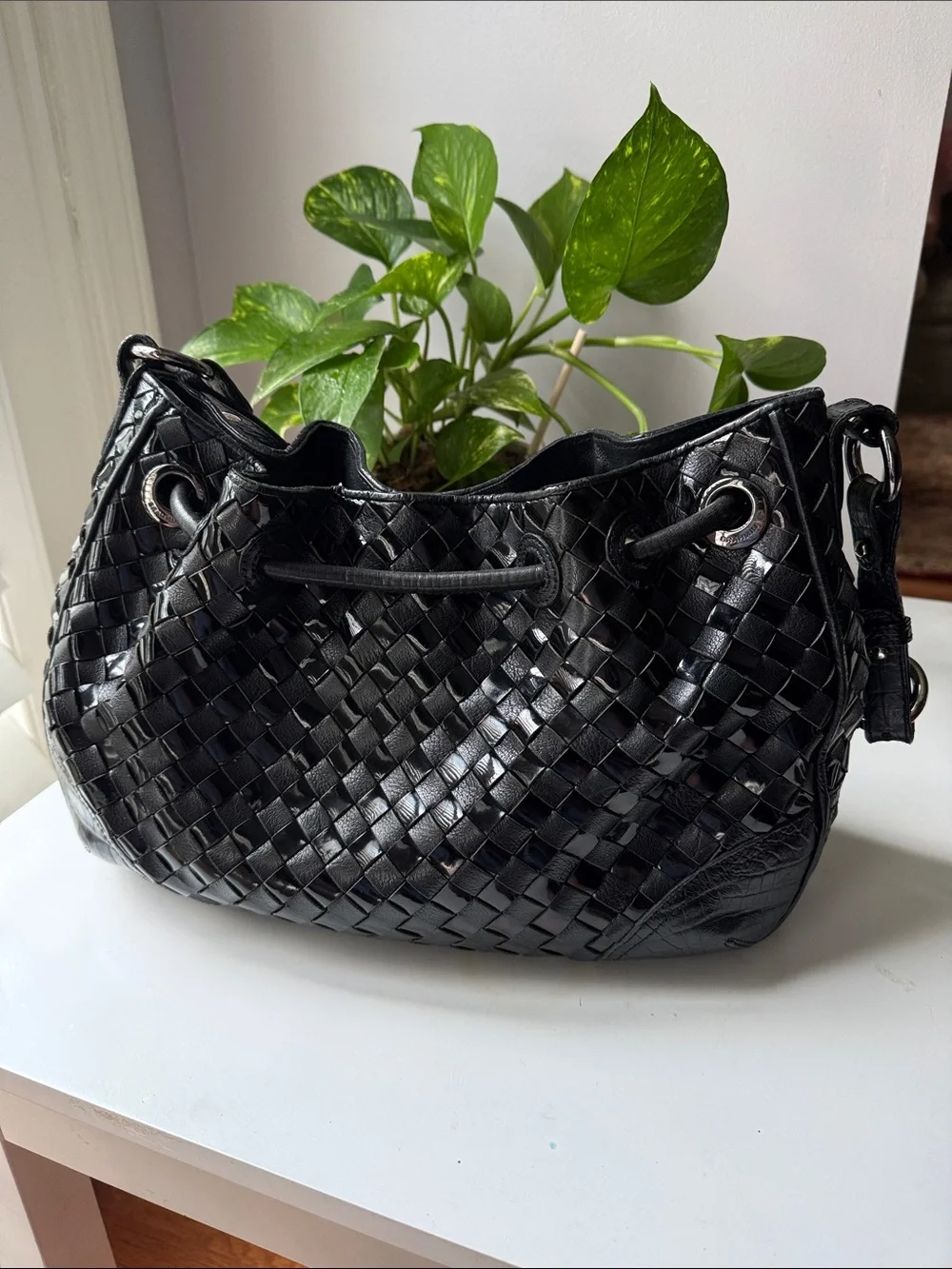 Brahmin Black Woven Leather Bucket/Drawstring Shoulder Bag